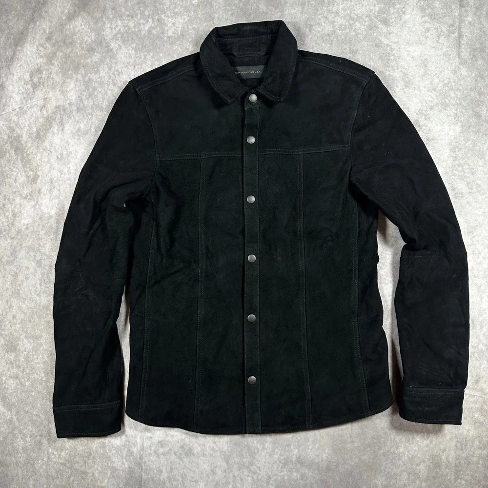 John Varvatos USA Men S Black Goatskin Suede Snap Front Jacket Red Interior